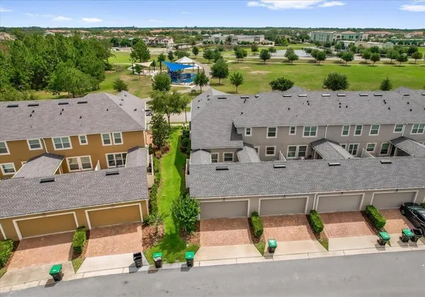an aerial view of a house with garden