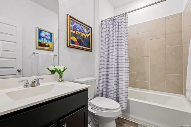 a bathroom with a sink mirror vanity and toilet