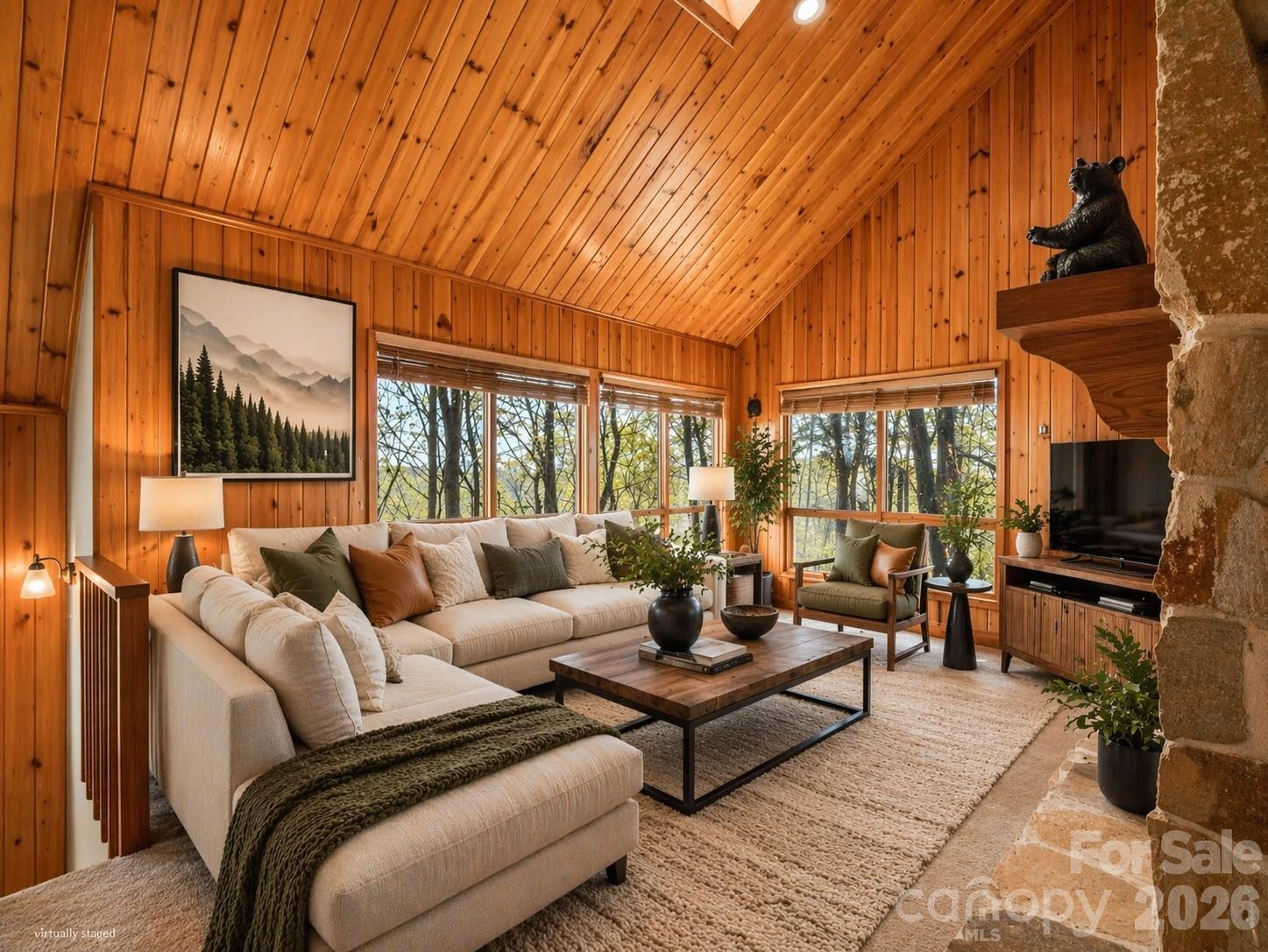 307 Watership Road Lake Lure, NC 28746 - Photo 7 of 48 a living room with furniture a flat screen tv and floor to ceiling window
