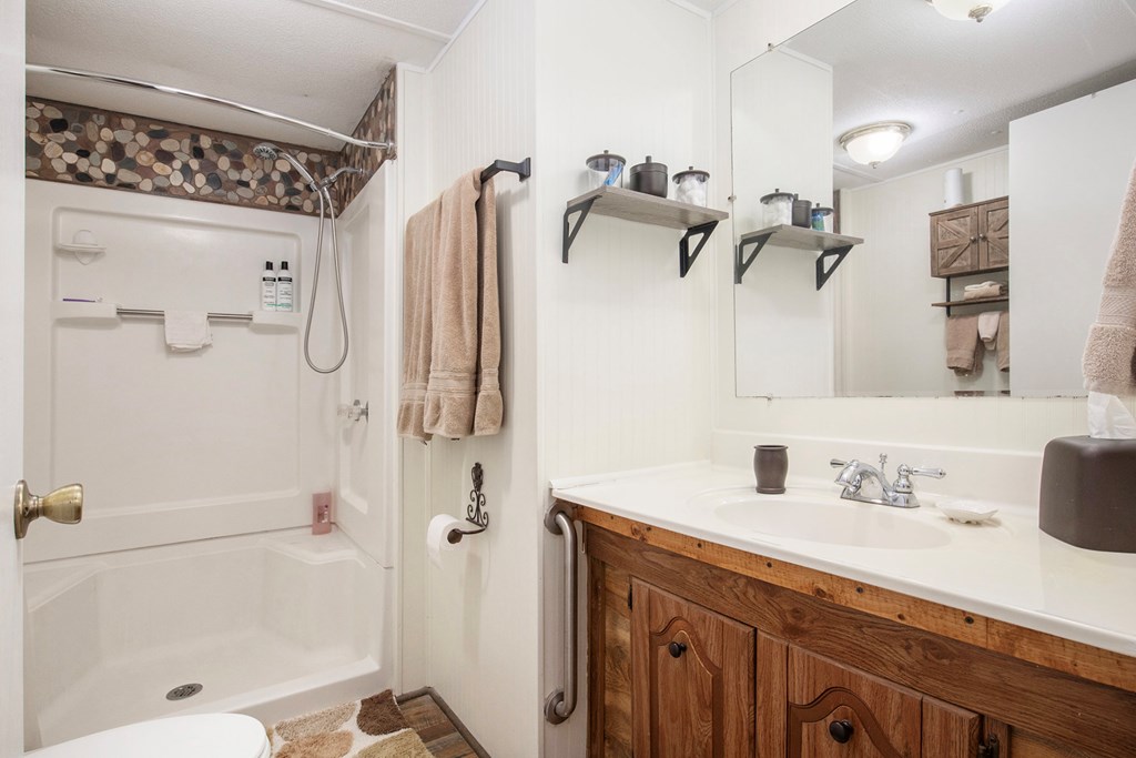 2226 Layson Road Hiawassee, GA 30546 - Photo 22 of 38 a bathroom with a shower sink and mirror