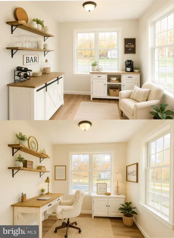 a living room with furniture and large windows