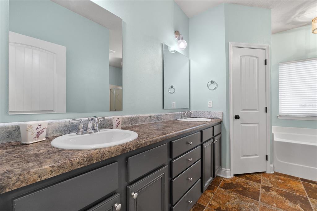 5973 Rustic Ridge Circle Milton, FL 32570 - Photo 17 of 44 a bathroom with a granite countertop sink and a mirror