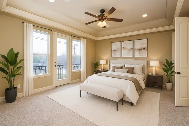 an empty room with windows and ceiling fan