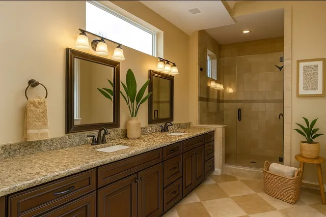 a bathroom with a granite countertop sink a mirror and a shower