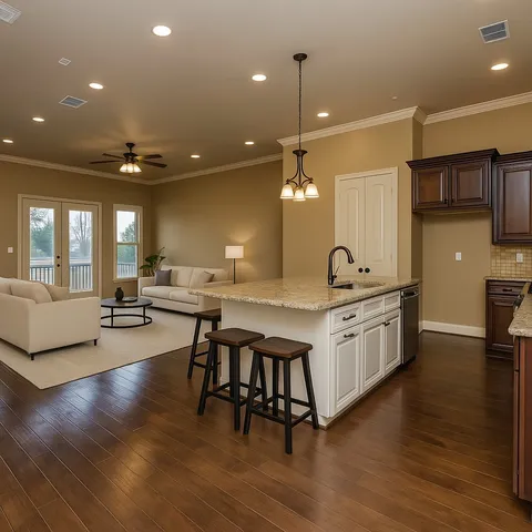 a large kitchen with kitchen island a large island wooden floor and stainless steel appliances