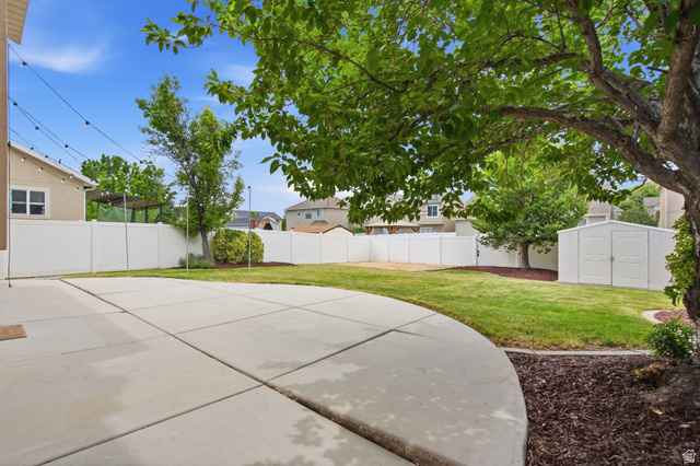 2223 North Pointe Meadow Loop Lehi, UT 84048 - Photo 40 of 56 Expansive backyard featuring a large concrete patio, manicured lawn, mature trees, and a white privacy fence