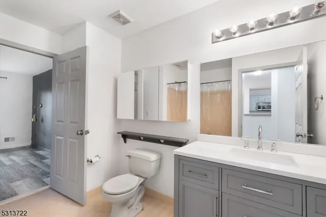a bathroom with a granite countertop toilet a sink and a mirror