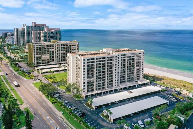 a view of a city with furniture