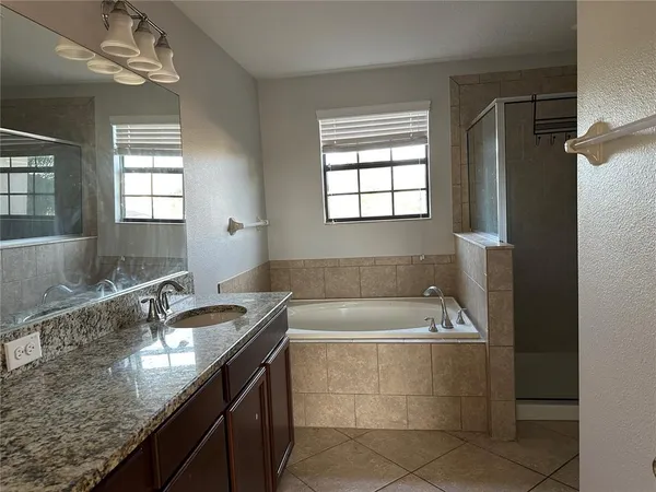 a bathroom with a granite countertop bathtub sink and mirror
