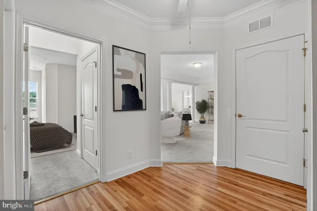 a view of a balcony with wooden floor