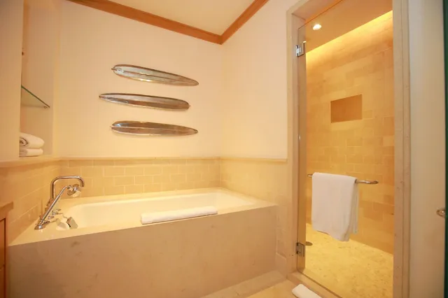 a bathroom with a bathtub and shower