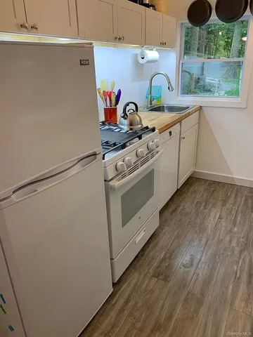 a kitchen with a stove and a sink with wooden floor