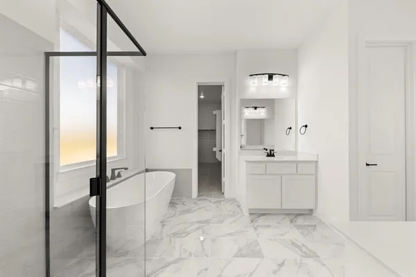 a spacious bathroom with a shower