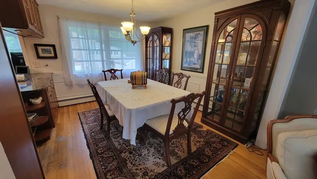 a view of a dining room with furniture