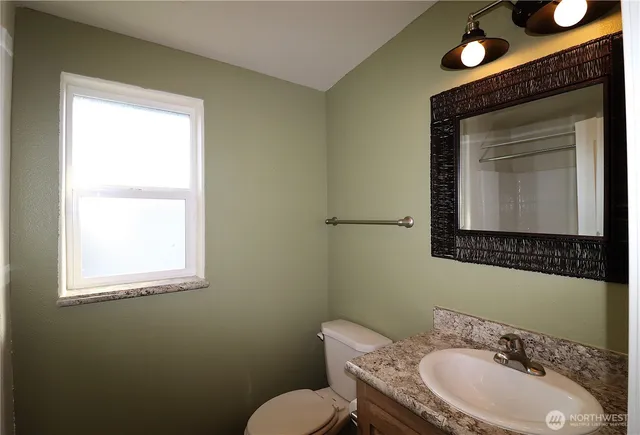 a bathroom with a toilet sink vanity and mirror