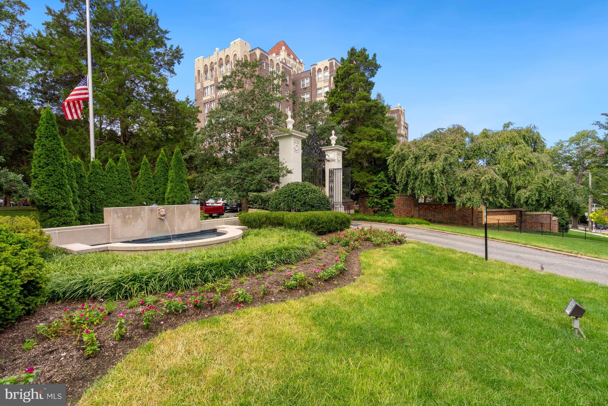 a garden view with a seating space