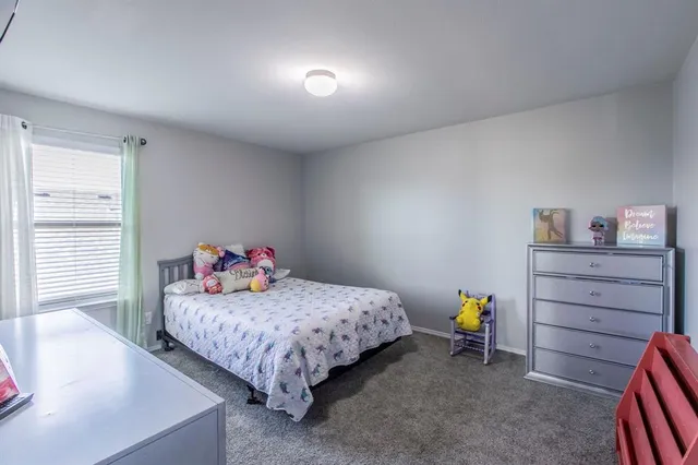 a bedroom with a bed and a cabinets