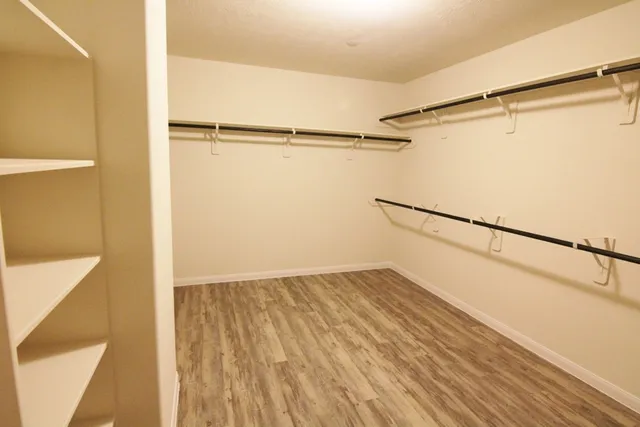 a view of walk in closet with empty racks