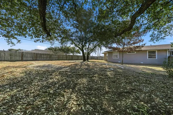a view of a backyard with large trees