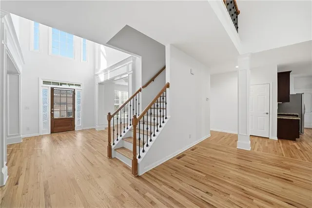 a living room with a fireplace