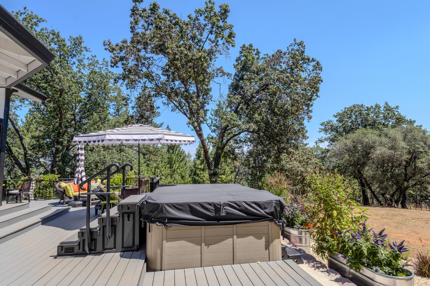 27689 Table Meadow Road Auburn, CA 95602 - Photo 49 of 72 a view of a patio with table and chairs under an umbrella with large trees
