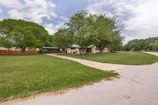a view of a park with large trees