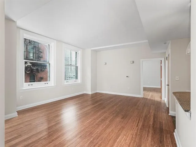 a view of a big room with wooden floor and windows