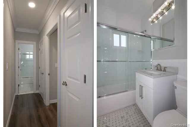 a bathroom with a granite countertop sink a toilet and shower