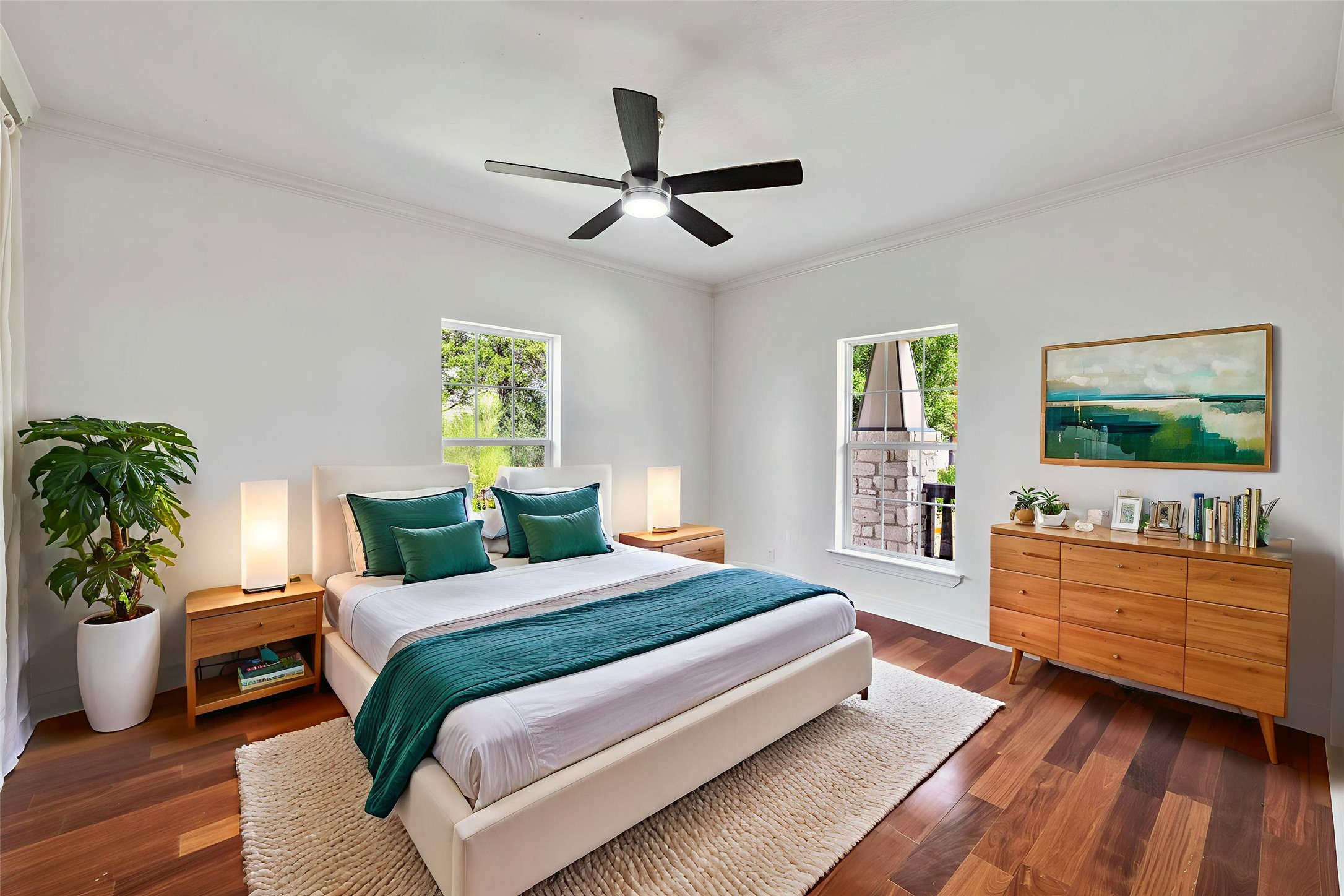 2108 Indian Creek Road Austin, TX 78734 - Photo 12 of 40 Bedroom featuring ornamental molding, dark wood finished floors, and a ceiling fan