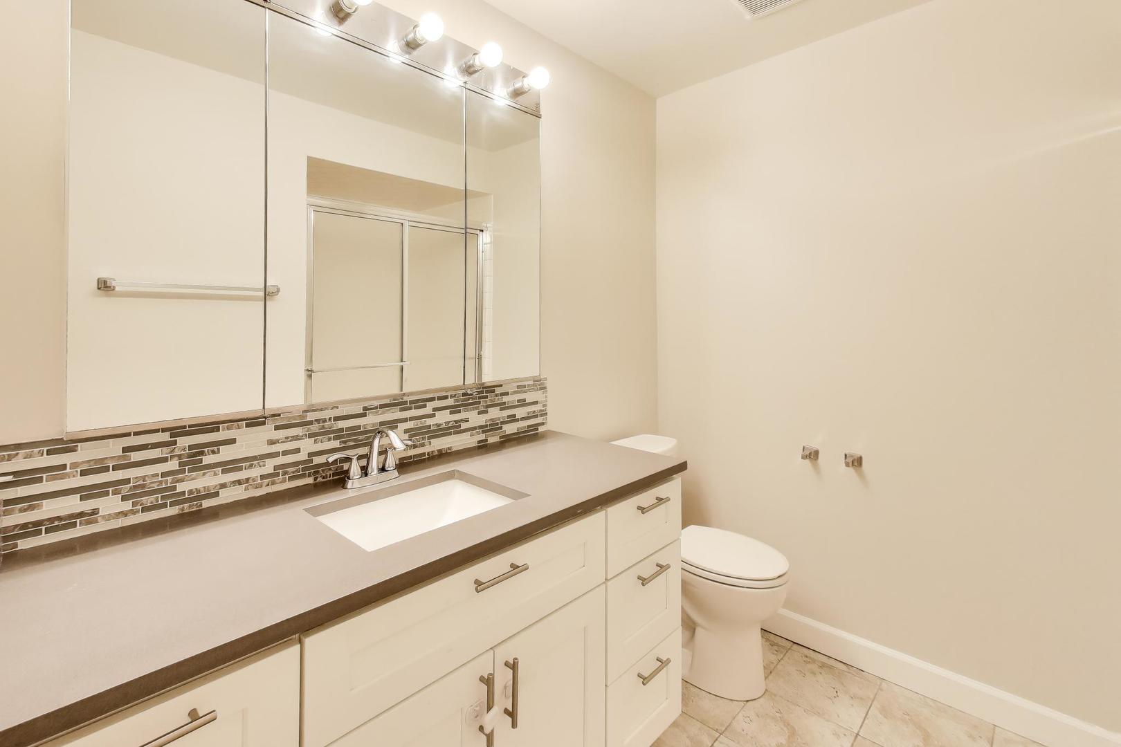 8610 Waukegan Road, Unit 302 Morton Grove, IL 60053 - Photo 28 of 34 a bathroom with a granite countertop sink a toilet and a mirror
