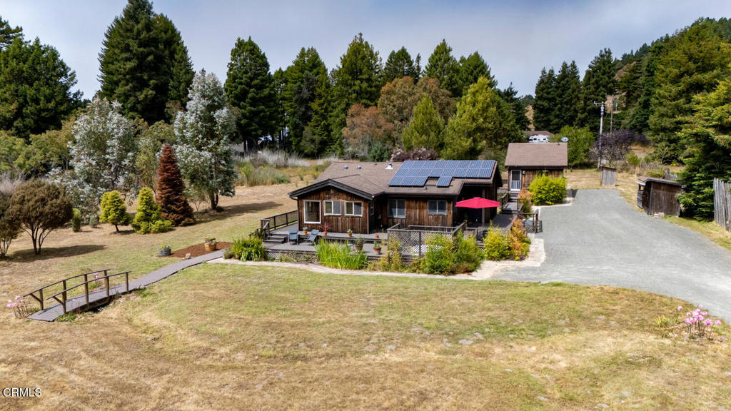 an aerial view of a house with a yard and potted plants