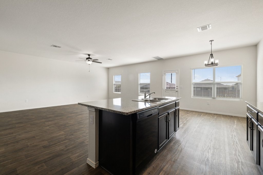15011 Tuff Rd Manor Manor, TX 78653 - Photo 12 of 37 Open kitchen island with a dishwasher and double sink overlooking the living room, dining area, and backyard windows.