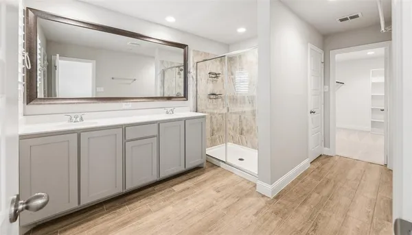 a bathroom with a sink a mirror and a shower