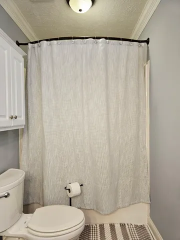 a white toilet sitting next to a shower curtain