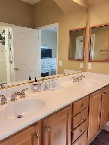 a bathroom with a sink and a mirror