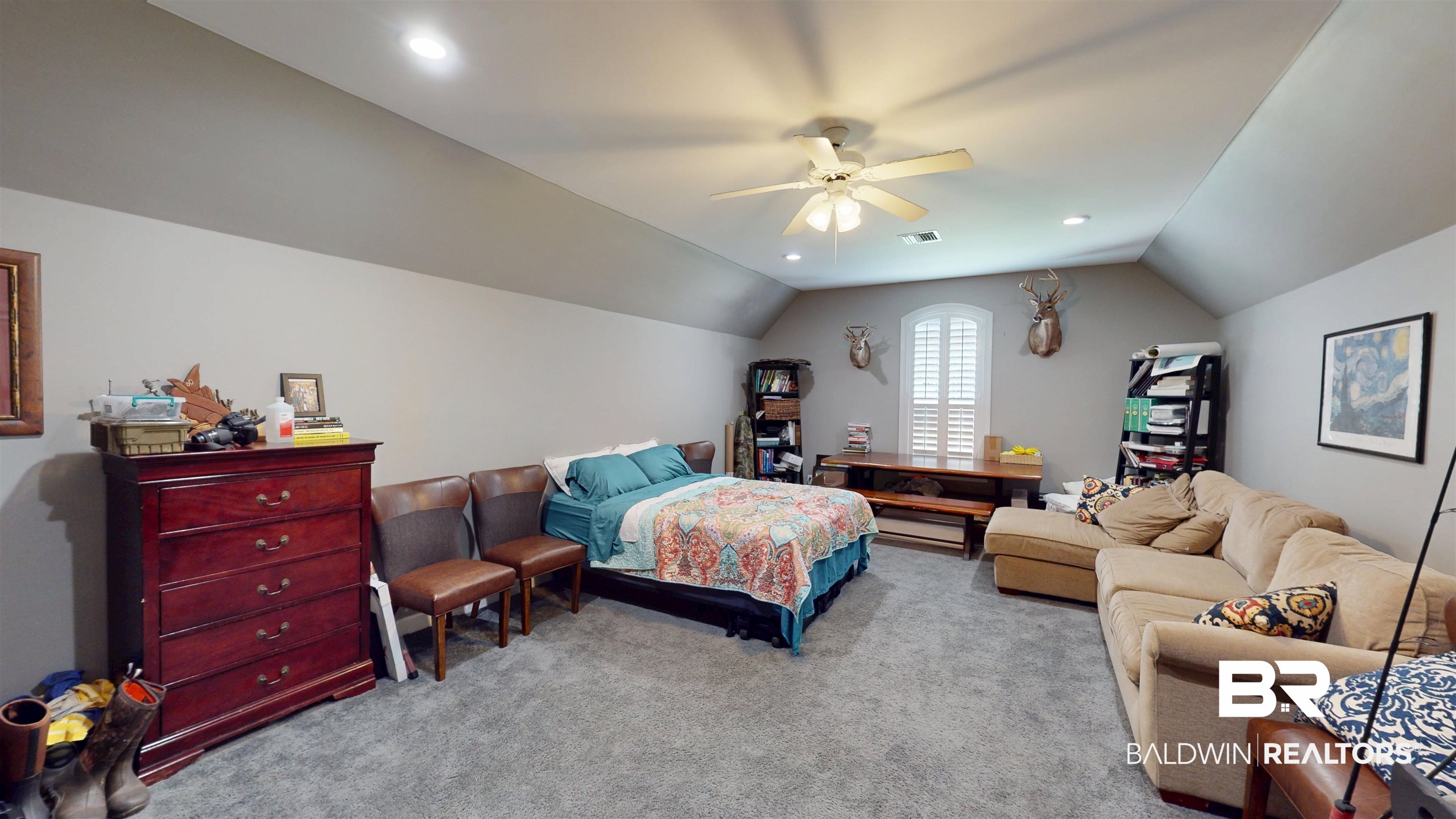 8775 Dawes Lake Road North Mobile, AL 36619 - Photo 37 of 59 Bedroom with carpet, lofted ceiling, ceiling fan, and recessed lighting