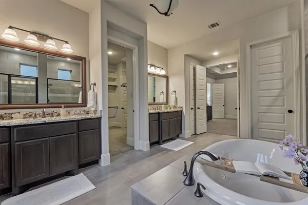 a bathroom with a tub a sink shower double vanity and mirror