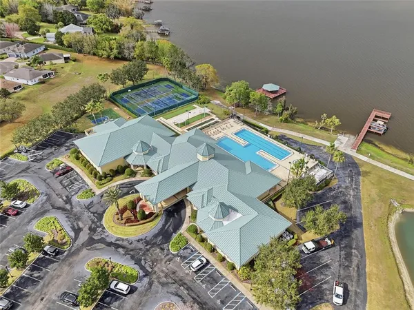 a aerial view of a table and chairs in the patio