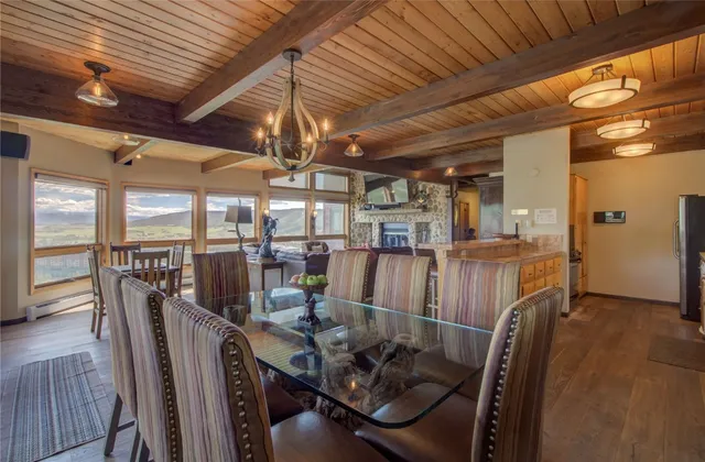 a view of a dining room with furniture