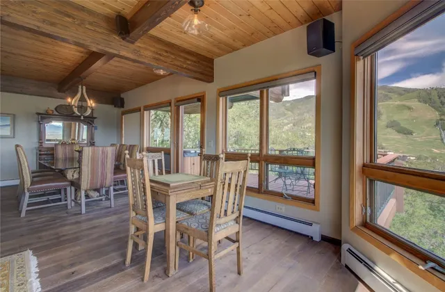 a view of a dining room with furniture window and wooden floor