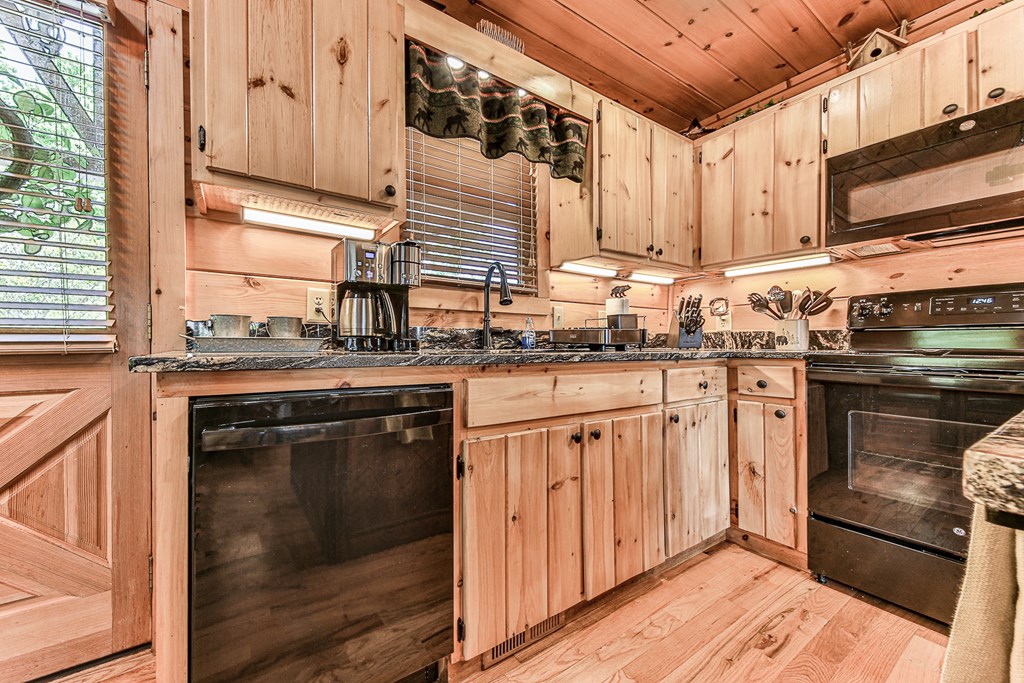 88 Black Gum Lane Blue Ridge, GA 30513 - Photo 21 of 85 a kitchen with stainless steel appliances granite countertop a stove a sink and a microwave