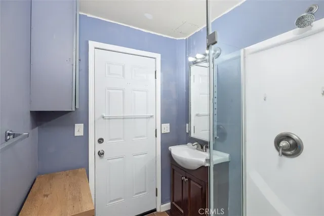 a bathroom with a sink a mirror and a shower