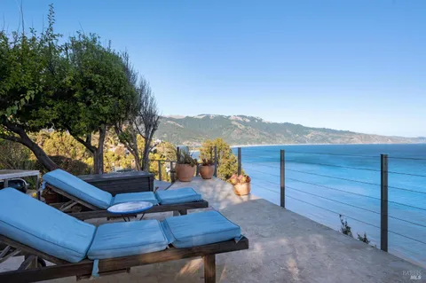 a view of a backyard with a couch and a large tree