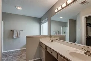 a bathroom with a sink double vanity and a mirror