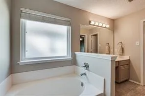 a bathroom with a bathtub a mirror a sink and vanity