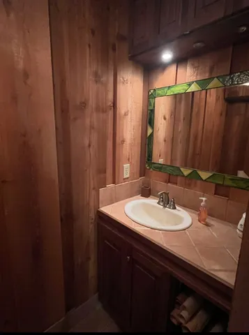 a bathroom with a sink and a mirror