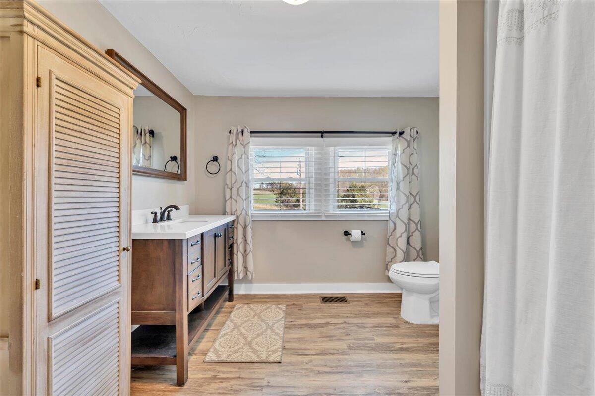 3861 Wheatland Road Bedford, VA 24523 - Photo 38 of 99 a bathroom with a sink a toilet and a window