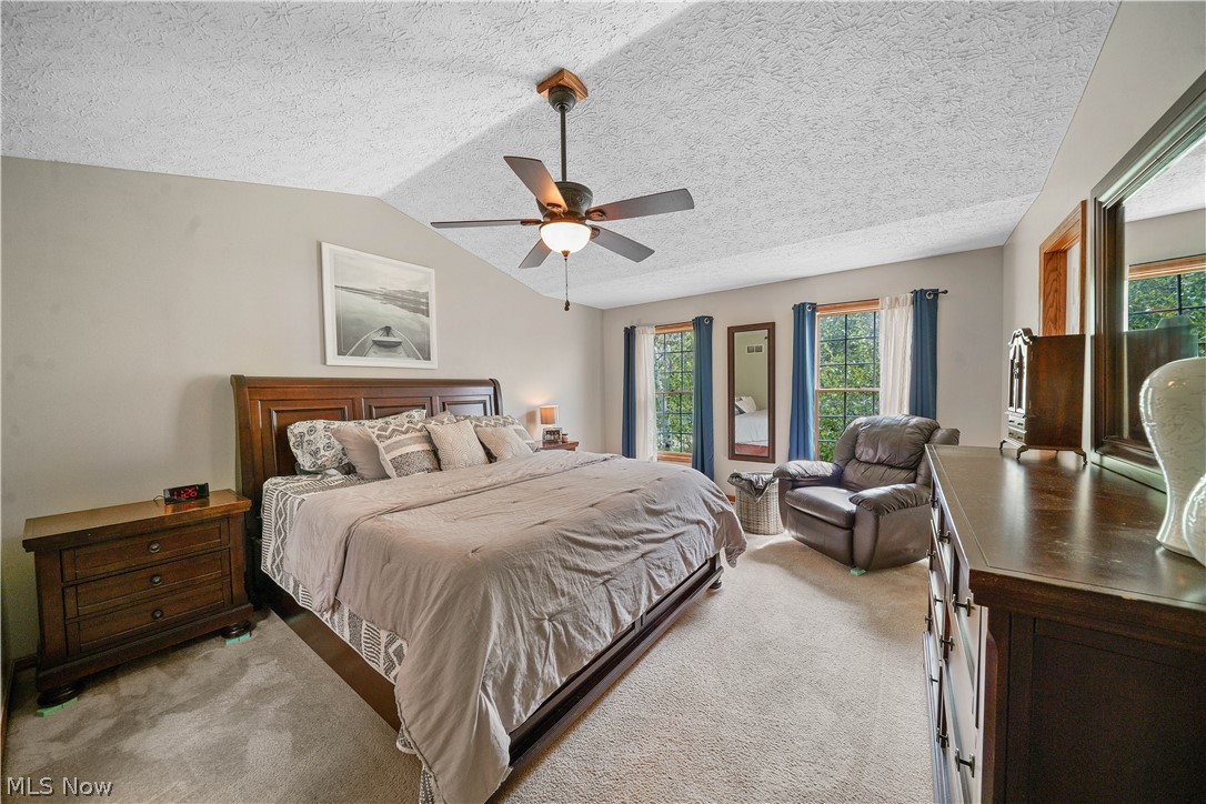 4849 Edson Road Kent, OH 44240 - Photo 19 of 50 Carpeted bedroom with vaulted ceiling, ceiling fan, and a textured ceiling