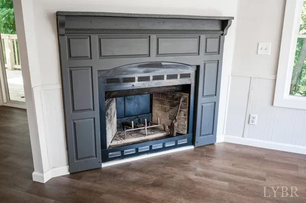 a living room with a fireplace