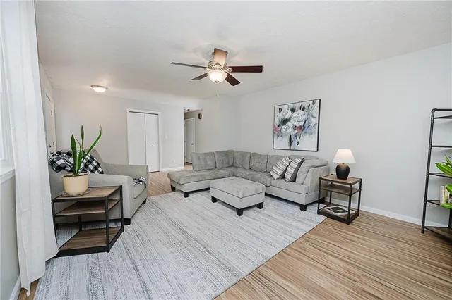 a living room with furniture and a potted plant